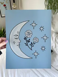 Steph Marie Art Summer Moon Art Print with Crescent Moon, Stars and Flowers Print