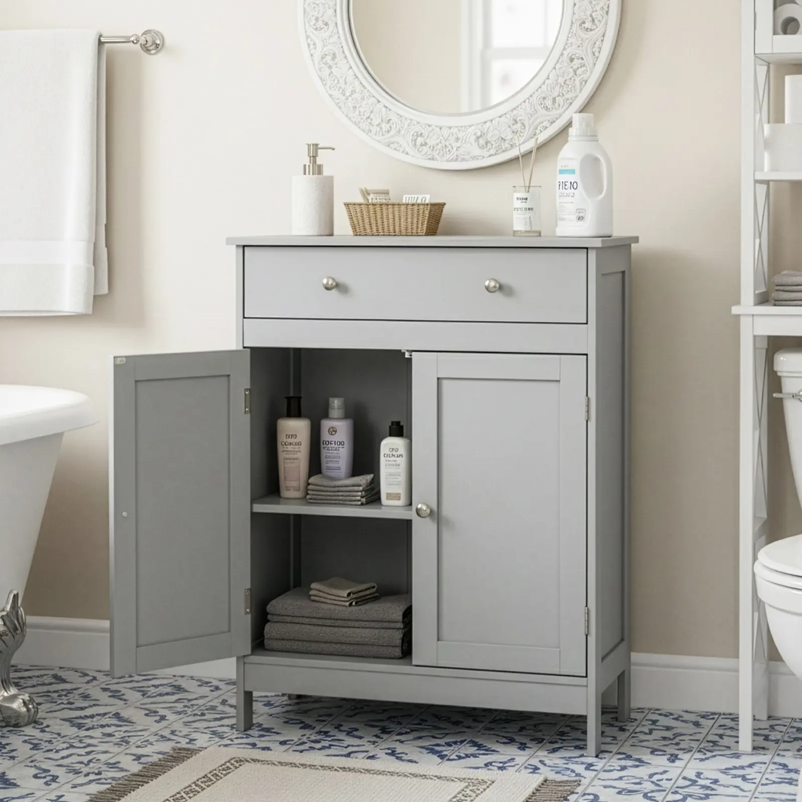 Freestanding Bathroom Storage Cabinet With 1 Large Drawer And Double Doors, Adjustable Inner Shelf Melamine Particleboard Bathroom Vanity Organizer With Anti-Tipping Device For Restroom Laundry Room