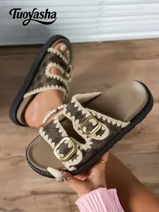 Women's Fashion Lightweight Textile Double Buckle Sandals, Solid Color Design, Rubber Sole, Less Than Ankle Height, Multiple Colors Available