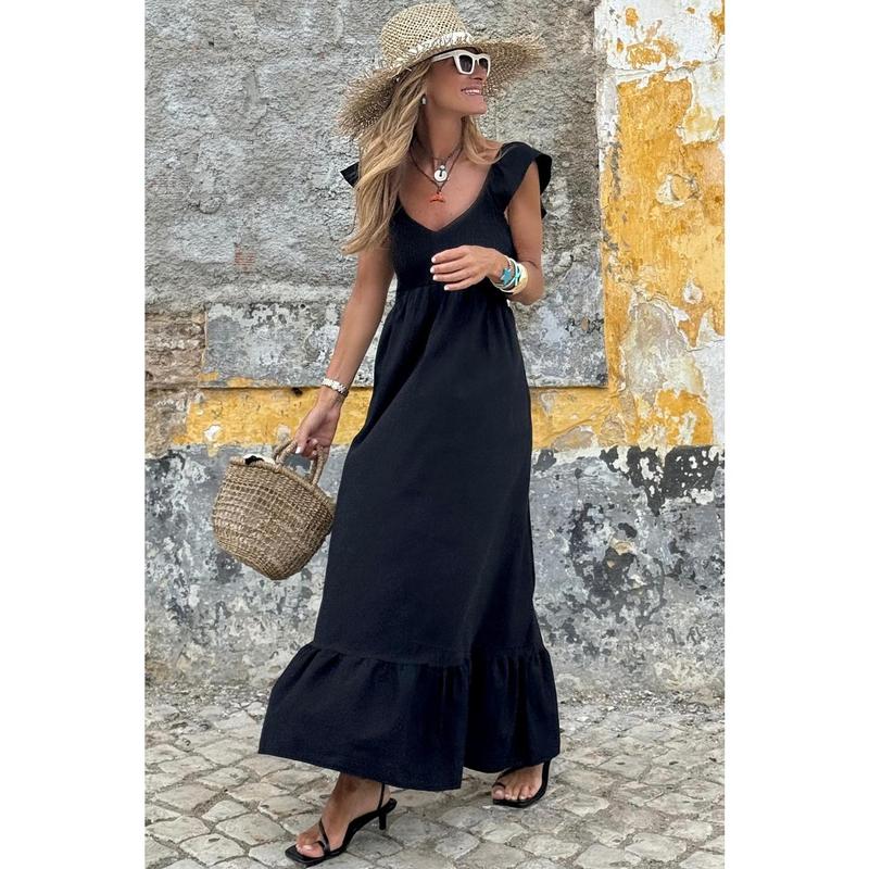 Black V Neck Flutter Sleeve Smocked Bodice High Waist Ruffle Maxi Dress