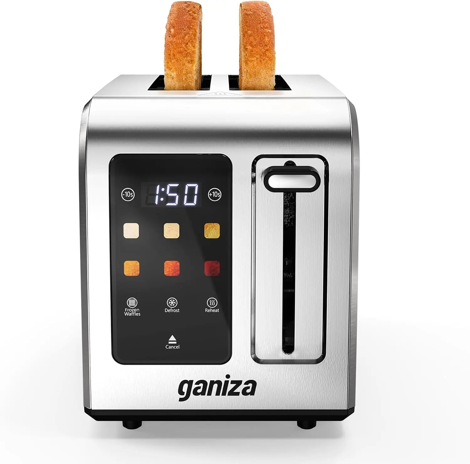 Ganiza 2-Slice Smart Touchscreen Toaster, Wide Slot, 925W Full Stainless Steel, Digital Countdown Timer, Defrost/Reheat/Cancel Functions, +/-10s Fine-Tune, Removable Crumb Tray
