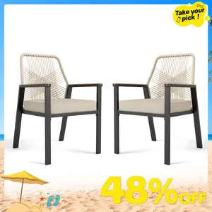 PHI VILLA Patio Wicker Chair Sets of 2, Outdoor Dining Chairs with 3.1 inch Seat Cushions, Sturdy Metal Frame & Wood Grain Armrest, Beige Furniture Home