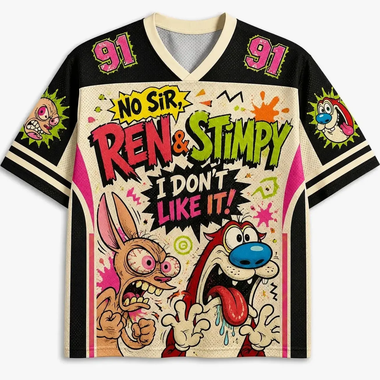 The Ren & Stimpy Show TV Drama Jersey Shirts → The Ren & Stimpy Show TV Drama Jersey Shirts, Retro Cartoon Baseball Jersey, 90s Animation Mesh Sports Shirt, Vintage TV Fan Jersey, Unisex Streetwear YN9