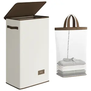 SOLEDI Slim 70L Beige Laundry Hamper with Lid, Narrow Laundry Basket with Removable Bags, Dirty Clothes Hamper with handle, Small Hamper perfect for Laundry room, Bathroom, Bedroom, Small spaces