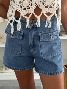 Dusk Blue Flap Pockets Denim Shorts, Denim Shorts Feature Flap Pockets For Utility-Inspired, Modern Casual Style.