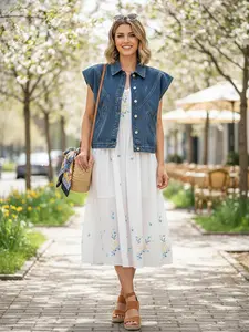 Elengatine Minimalist Rounded Collar Wide Shoulders Denim Top with Slit Pockets For All Seasons,Bohemian Style Vintage Cool Denim Vest For Lady, Basic Casual Button-front Closure Denim Jacket Coat Womenswear Chic Piece Statement Twist