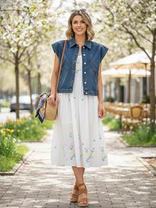 Elengatine Minimalist Rounded Collar Wide Shoulders Denim Top with Slit Pockets For All Seasons,Bohemian Style Vintage Cool Denim Vest For Lady, Basic Casual Button-front Closure Denim Jacket Coat Womenswear Chic Piece Statement Twist
