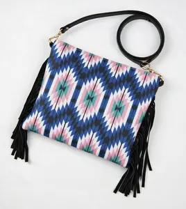 Aztec Fringe Canvas Crossbody Bag Multicolor Blue Pink Turquoise Long Black Tassels