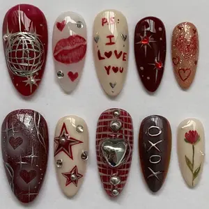 Bold Y2K Press On Nails with Chrome Hearts & Star Details, Warm Tone Nails Set, Box Nails For Girls