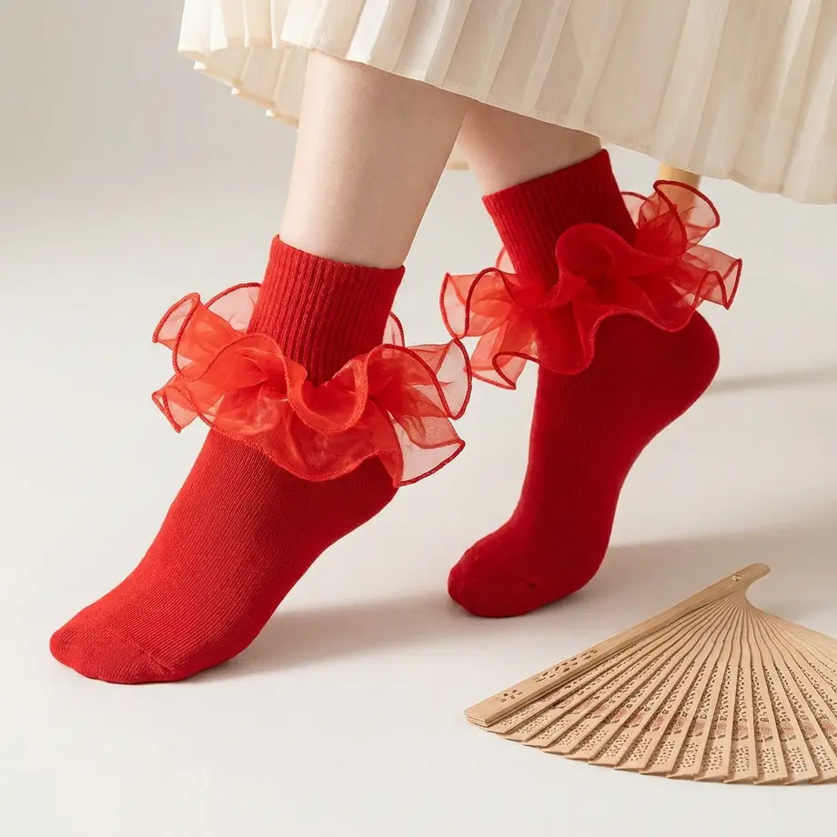 Women's Teenager Dress Cotton Socks Lace Turn-Cuff Womenswear 6pairs