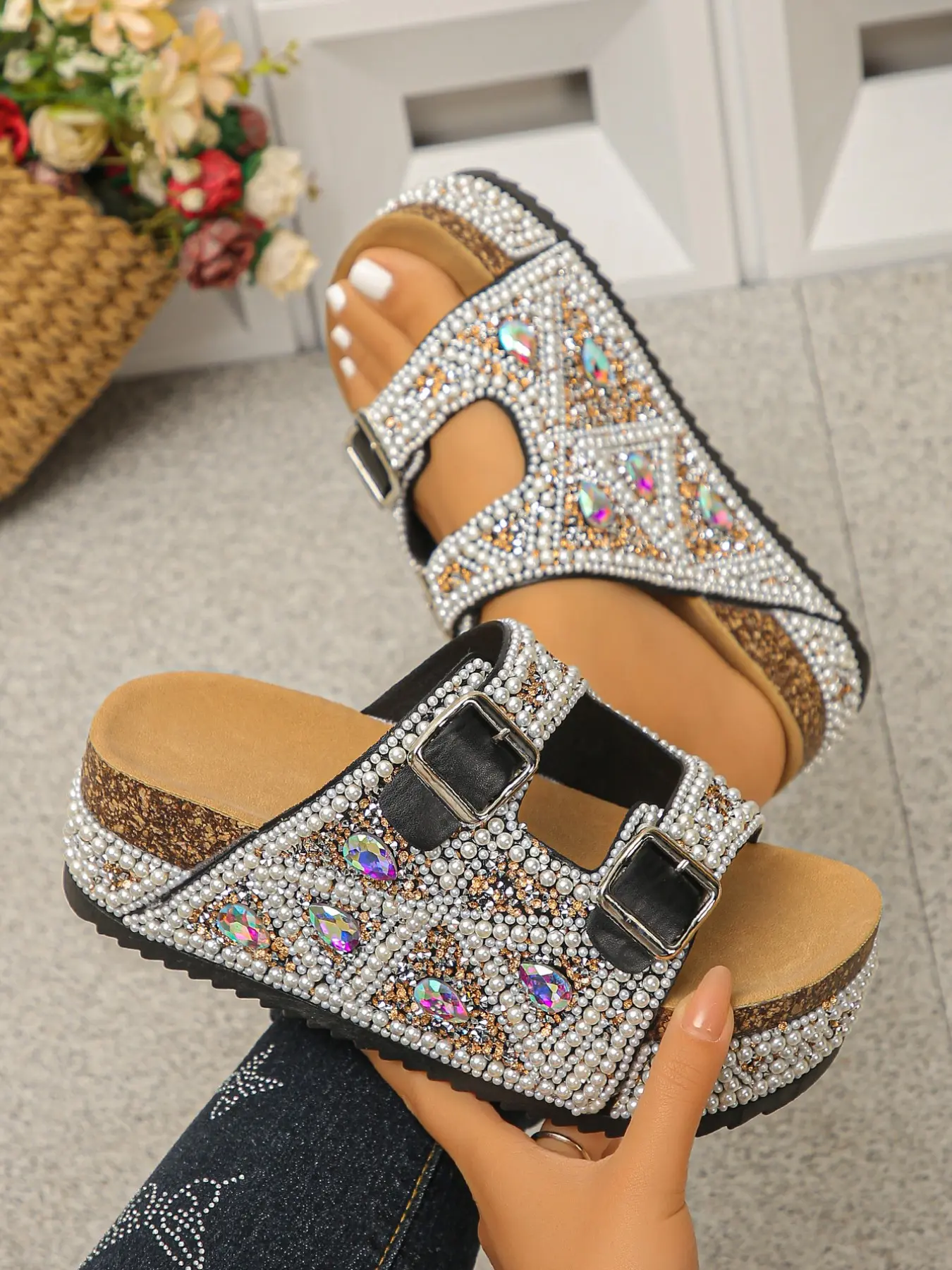 Multicolor Rhinestone Pearl Wedge Sandals for Women, Sparkling Crystal Decor, Height-Boosting Slimming Slippers, Adjustable Buckle Design, Casual Outdoor Shoes, Adjustable Heeled Sandals