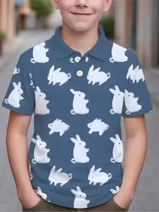 Fresh Blue Background Rabbit Full-Print Collared Polo, Cute Bunny Pattern, Easter Super Vivid, Casual Slim-Fit All Seasons