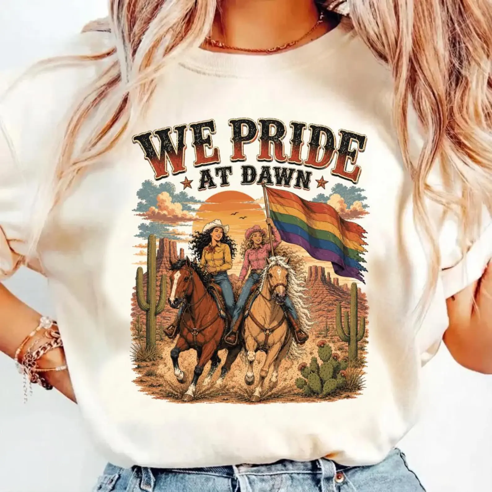Comfort Colors We Pride at Dawn Cowgirl Shirt, Retro Western Pride T-Shirt, LGBTQ Rainbow Flag Tee, Cute Vintage Desert Graphic Shirt for Women