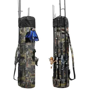 Durable Canvas Fishing Rod & Reel Organizer Bag Travel Carry Case Bag- Holds 5 Poles & Tackle