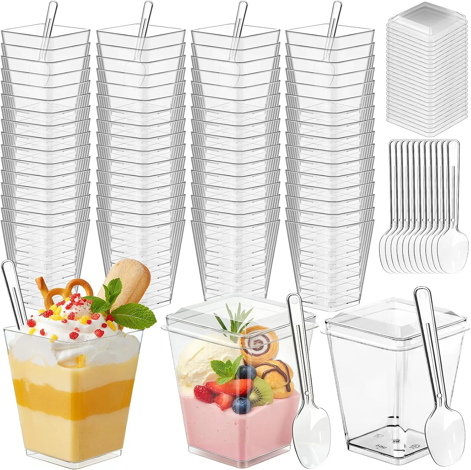 Clear Square Individual Dessert Containers with Matching Lids & Spoons, Disposable Treat Cups for Parfait, Pudding, Fruit Salad & Party Homemade Desserts