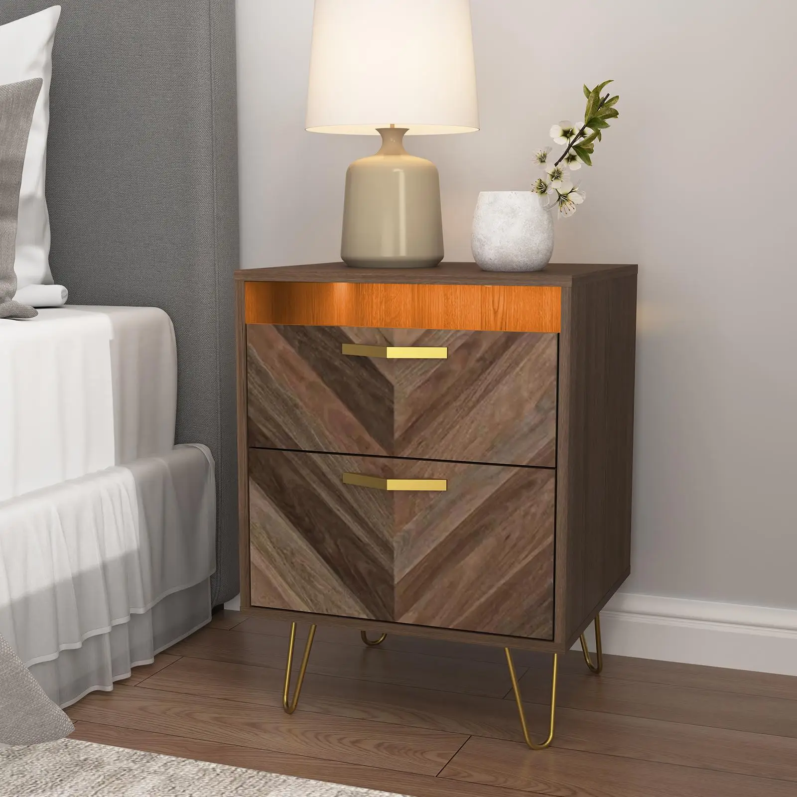 Spaco 2pcs Night Stand with LED Lights, Mid Century Modern Nightstand with 2 Drawers, Smart Bedside Table for Bedroom, Wood End Side Table Sofa Table