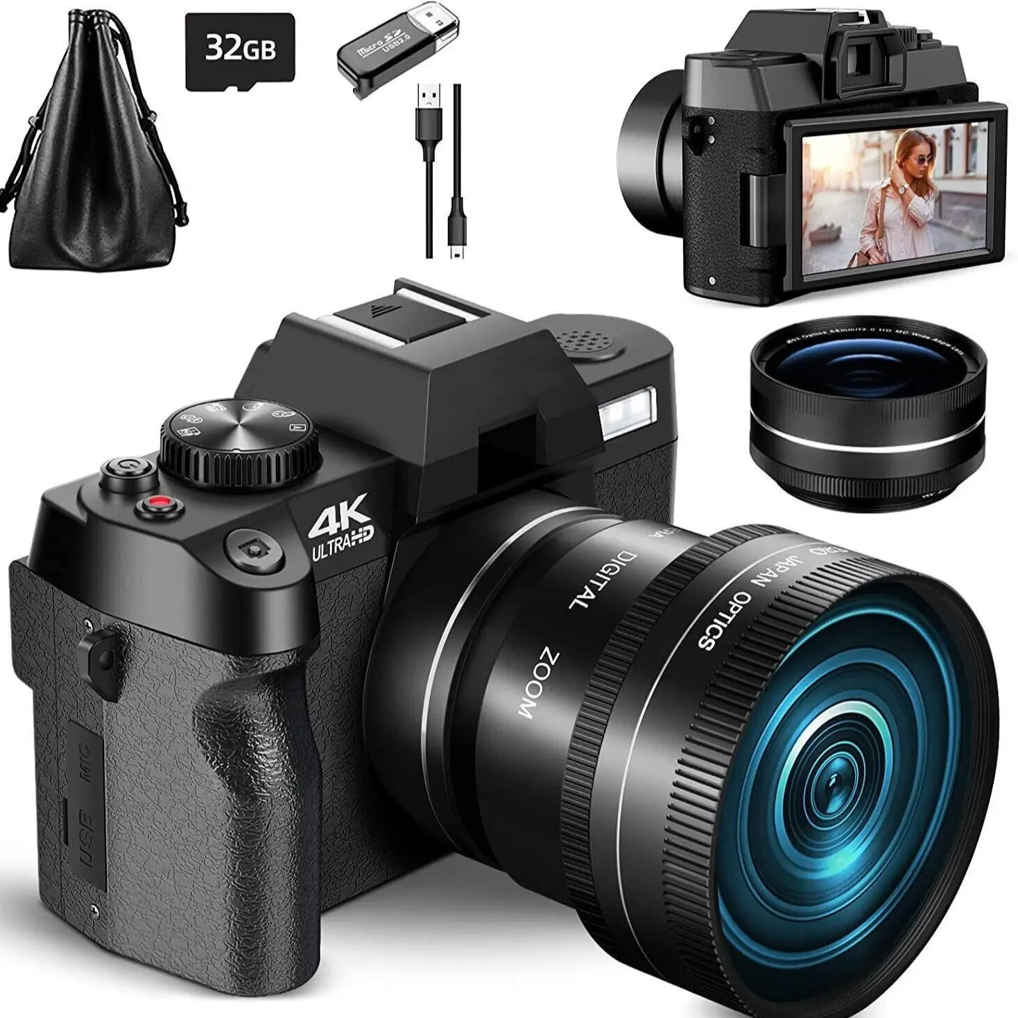 4K Digital HD Flip Screen Cameras 48MP 60FPS Video Camera WiFi Camera for Photographer  App Control 32G SD Card Portable Camera