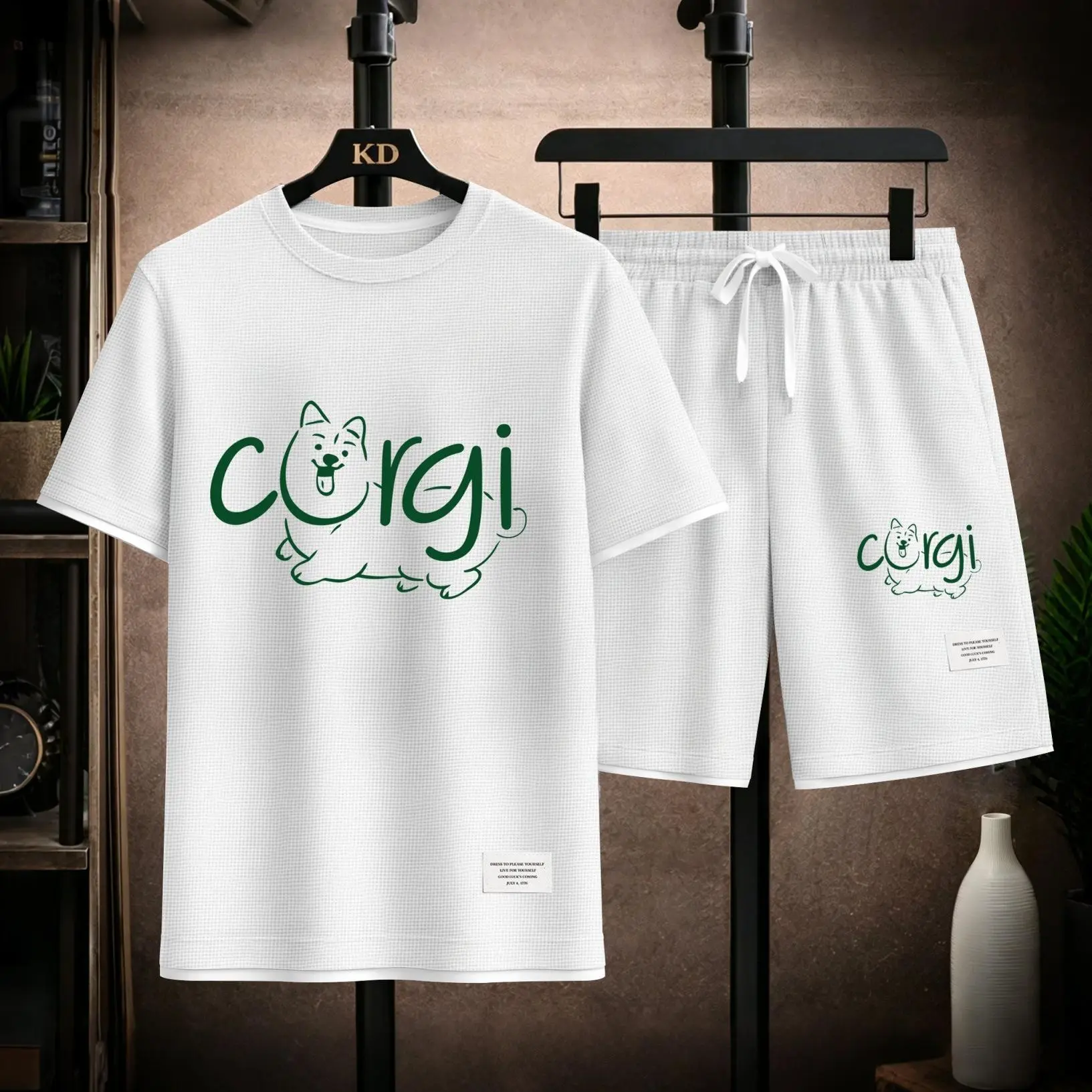 Men's Corgi Graphic Print Short Sleeve Shirt and Drawstring Shorts Set, Casual Summer Two-Piece Outfit, Lightweight Breathable Relaxed Fit Athletic Set for Daily Wear, Beach, Vacation, Travel and Loungewear