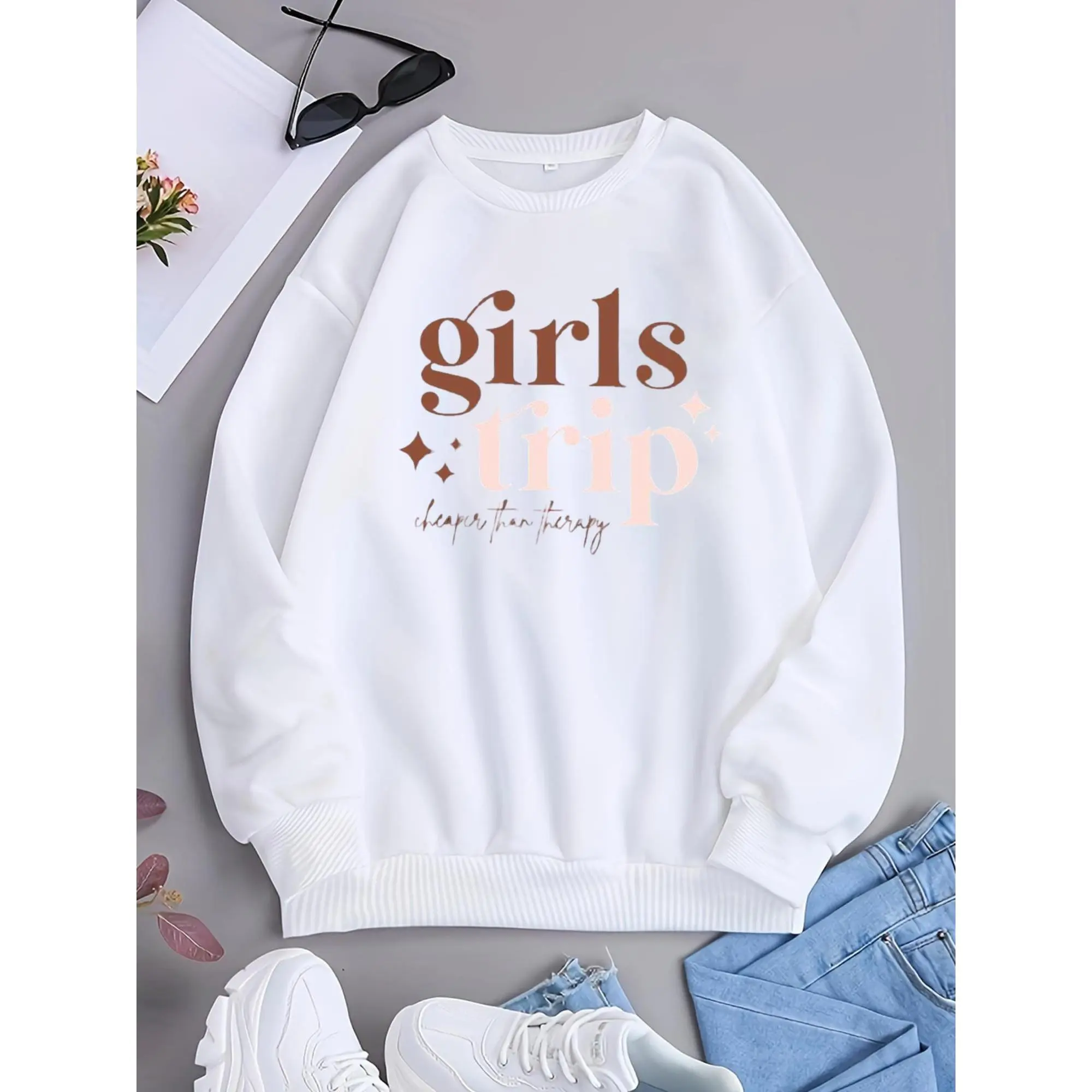 Women's Funny Sweatshirt with Girls Trip Graphic Print, Casual Long Sleeve Round Neck Pullover Top for Vacation Streetwear, Longsleeves, Poly-Cotton Mix, Hoodie