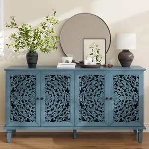 Sideboard Buffet Credenza Cabinet, 4-Door Hollow-Carved Accent Buffet, 60" Large Vintage Distressed Sideboard Storage Cabinet for Kitchen, Living Room,Entryway, Blue