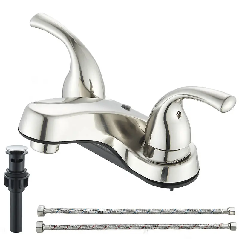 Bathroom Sink Faucets 2/3 Hole,Brushed Nickel Dual Handles 4 inch Plastic Plating Over Bathroom Faucet with Pop-up Drain and 2 Supply Hoses for Apartment Rvs Sink Vanity, Matte Black or Brushed Nickel Finish