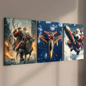 3 Counts Wooden Framed Canvas, Epic Christmas Warrior Santa Images, Exquisite Poster, Perfect Living Room Decoration, Modern Art, Fashion Family Poster, Wall Art Decoration, Waterproof Art