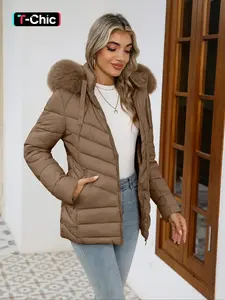 Women's Solid Color Contrast Faux Fur Hooded Quilted Woven Fitted Jacket, Casual Everyday Long Sleeve Zip Up Pocket Design Lady Coat for Fall & Winter, Women's Clothing for Daily Wear