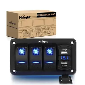 Nilight 3Gang Aluminum 5Pin ON/Off Blue Rocker Switch Panel w/ 4.8 Amp Dual USB Charger Voltmeter