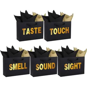 5 Senses  Bags for Him Her Five Senses  Bags with Ribbon Handles and Tissue Paper Present Wrappings for Valentine Wedding Anniversary Birthday Graduation(Black, 12.6''x8.8''x4'')