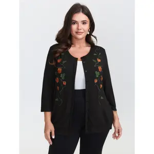 BLOOMCHIC Plus Size Floral Embroidered Stretch Knit Button-Front Jacket [M–6X], 2026 Summer Vibes