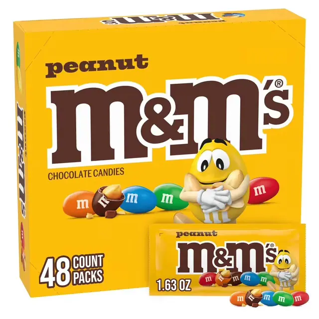 M&M's Peanut Milk Chocolate Shell Candies - GMO-Free, 1.74 oz Singles Size, 12/24/48 Count Packs, 12-Month Shelf Life, Bite-Sized Dessert Snack for Adults & Children, Cupboard-Storable Treat, Chocolate Covered Treats