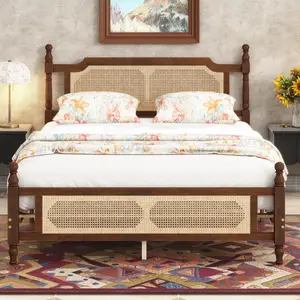 Queen Pine wooden Bed with Rattan Headboard  and Footboard, with  Central Enhanced Bed Platform,Walnut