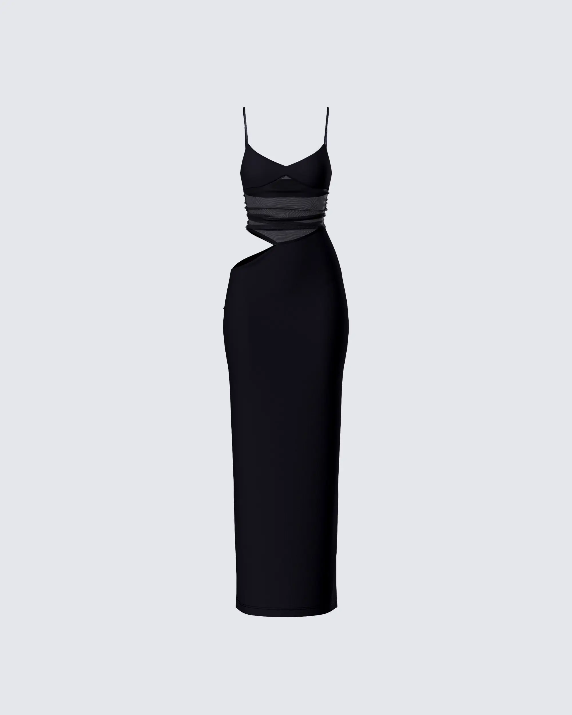 Women's Philomena Black Sheer Mesh Spandex Sleeveless Maxi Dress - Thin Adjustable Spaghetti Straps, Cutout Design, Formal & Bachelorette Party Wear