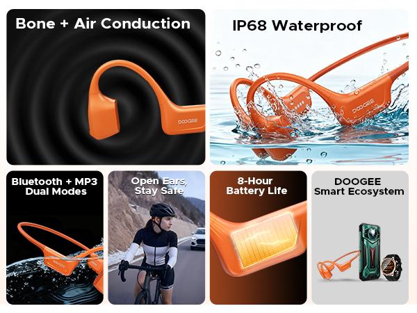 BoneAir Swim IP68 waterproof headphones, Bluetooth + MP3 dual modes, open-ear design, 10H Battery Life Sports Running, hybrid bone and air conduction technology