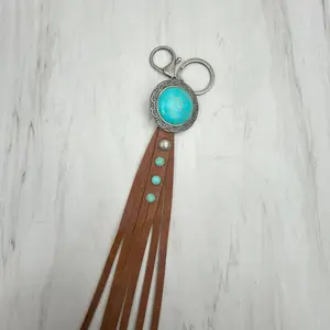 NKY250121-57              Silver metal and blue turquoise stone with brown leather Key chain