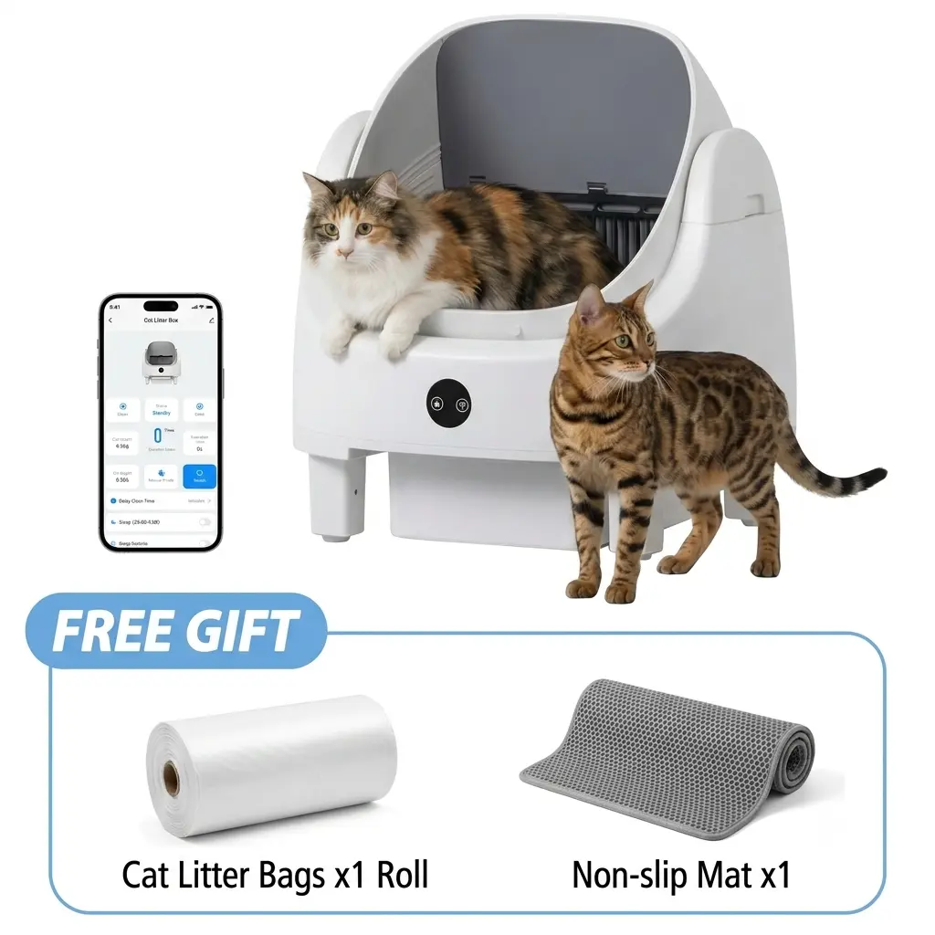Automatic Litter Box App Control Self Cleaning Litter Box Odor Control＆Safety Protection for Multiple Cats with Garbage Bag, Cat Litter Mat and Fragrance Box, Ivory