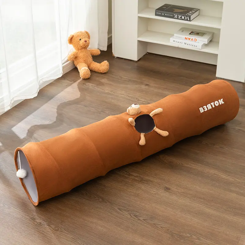 BOLYFU Fabric Extra Long Foldable Cat Tunnel Bed - Soft, Comfortable, with Peek-A-Boo Hole, Built-In Interactive Toys, Ideal for Hiding, Indoor Multi-Cat Homes