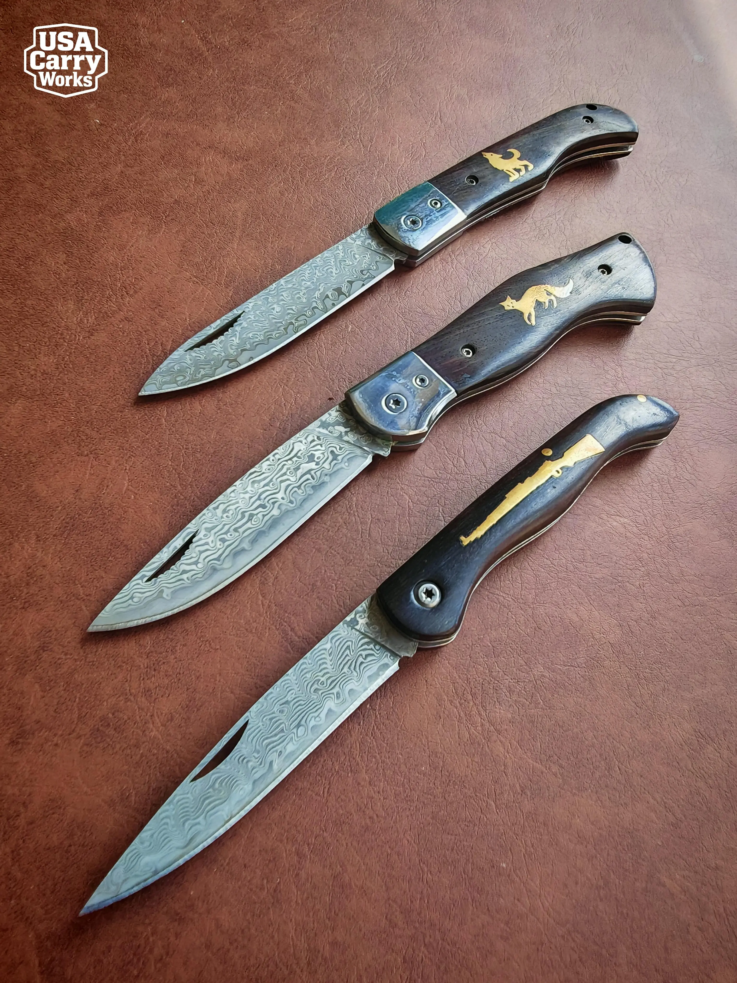 Vintage Damascus Pattern Dark Wood Handle Brass Inlay Folding Pocket Knife EDC Everyday Carry Gear Camping Hiking Essential Fishing Equipment Gentlemen Collection Outdoor Lifestyle Mens Father Husband Boyfriend Birthday Anniversary Coming Of Age Gift, Uni
