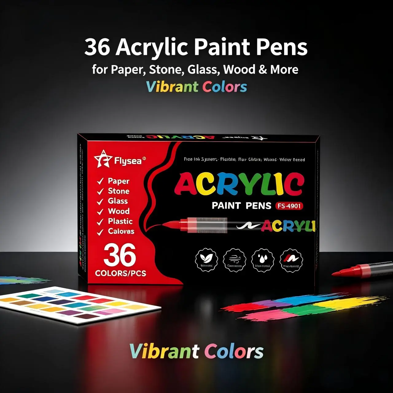 Flysea 36-Color Leak-Proof Acrylic Paint Markers Art Set - Coded Caps, High-Capacity, Waterproof Ink, Smooth-Flow, Multi-Overlay, Precision Tip, Professional Office Stationery for Bullet Journal Lovers