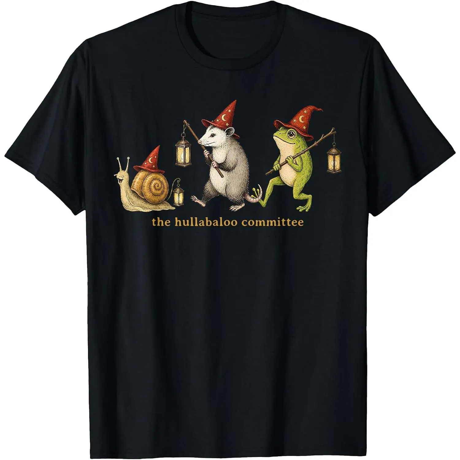 100% Cotton Funny The Hullabaloo Committee Snail Opossum Frog Wizard T-Shirt