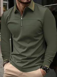 Men's Casual Fashion Long Sleeve Polo Shirt, Zip Design, Durable Fabric, Suitable for Business and Leisure Wear