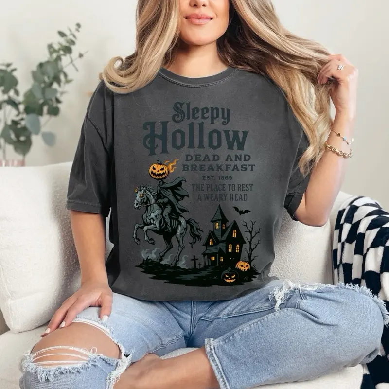 Sleepy Hallow Dead and Breakfast T-shirt on Comfort Colors Summer Everyday Style Shirtsleeve love casual comfortable super soft relaxed fit unisex Sizing womenswear Streetwear  vintage Crewneck Printed Loose Graphic Top