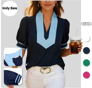 Imily Bela Womens Color Blcok Puff Sleeve Blouses Summer Casual Dressy V Neck Tops Loose Fit Tee Shirts
