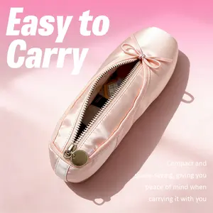 Satin Ballet Slipper Jewelry Organizer Pouch, Creative Pointe Shoe Makeup Bag, Aesthetic Balletcore Small Travel Trinket Case with Zipper, Cute Pink Coin Purse for Girls, Dance Recital Gift, Coquette Room Decor Men's Witch dad to necklace camera boyfriend