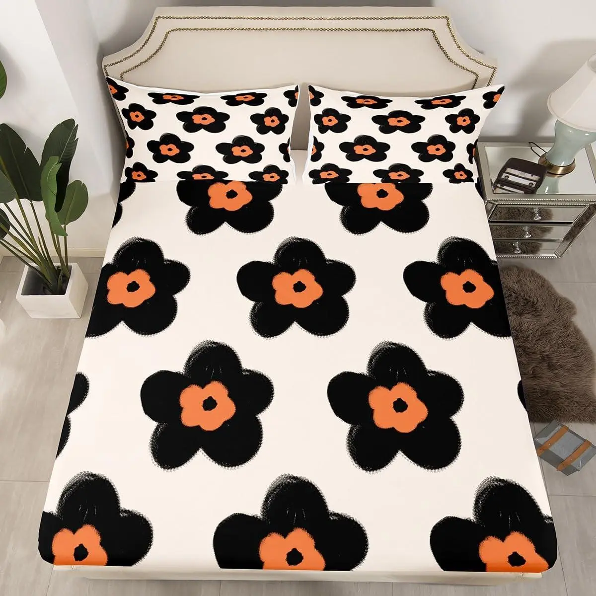Black Floral Fitted Sheet,3D Sunflower Beige White and Black Bed Sheet,Black Brown Plaid Flowers Soft Decorative Fabric Bedding,Room Gift No Flat Sheet