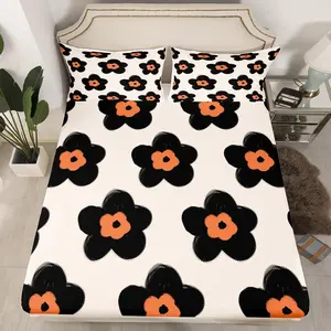 Black Floral Fitted Sheet,3D Sunflower Beige White and Black Bed Sheet,Black Brown Plaid Flowers Soft Decorative Fabric Bedding,Room Gift No Flat Sheet