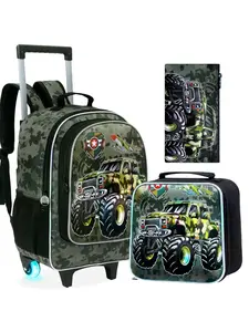 Kids Off-Road Truck Rolling Backpack with Illuminated Wheels, Camo Design, 3 in 1 School Set for Boys Age 6-12