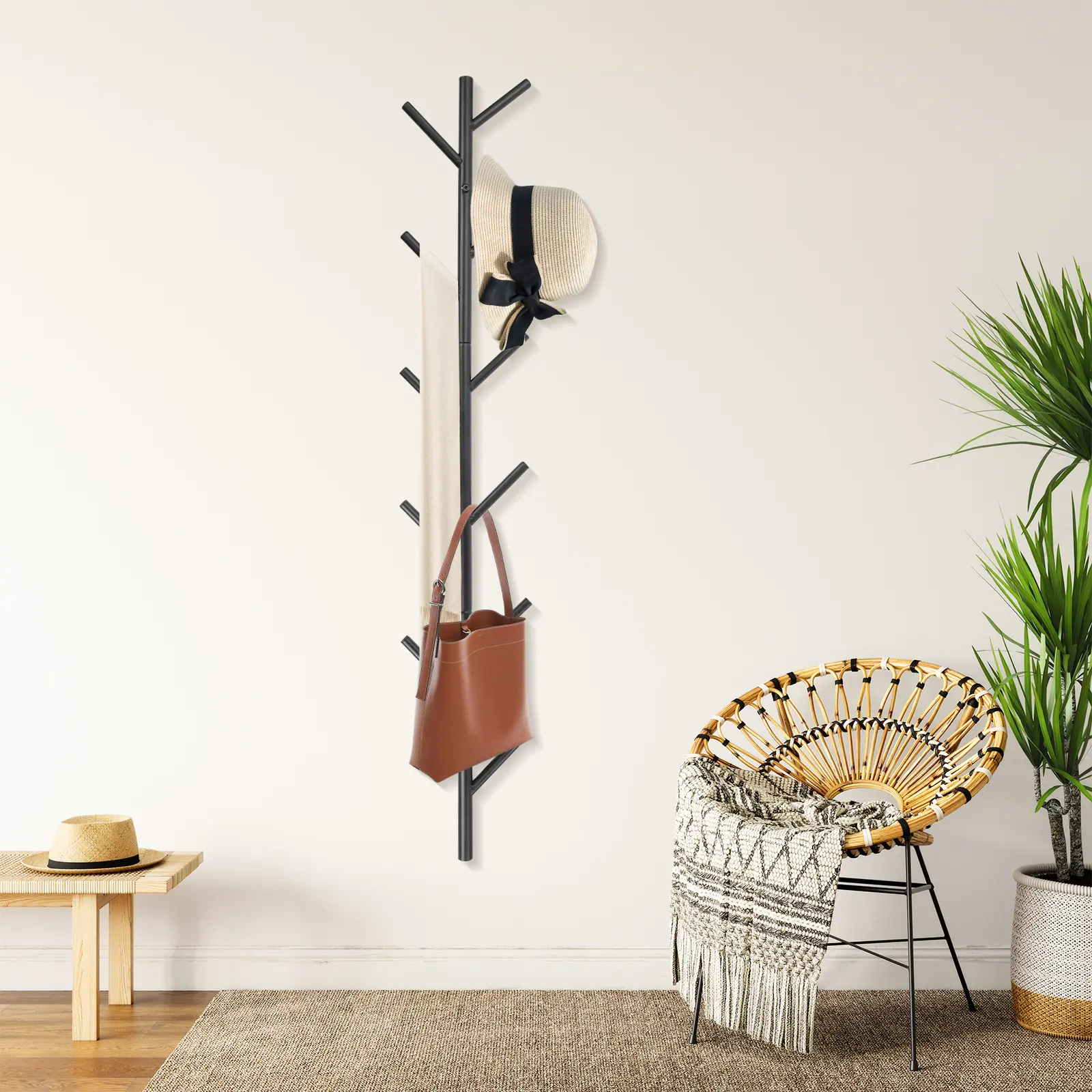 Wall-Mount Vertical Coat Rack - Universal Modern Floating Metal Hook Organizer with Installation Tools, Perfect Size, Hat Rack Holder for Clothes, Scarves, Bags, Caps - Widely Used for Living Room, Entryway