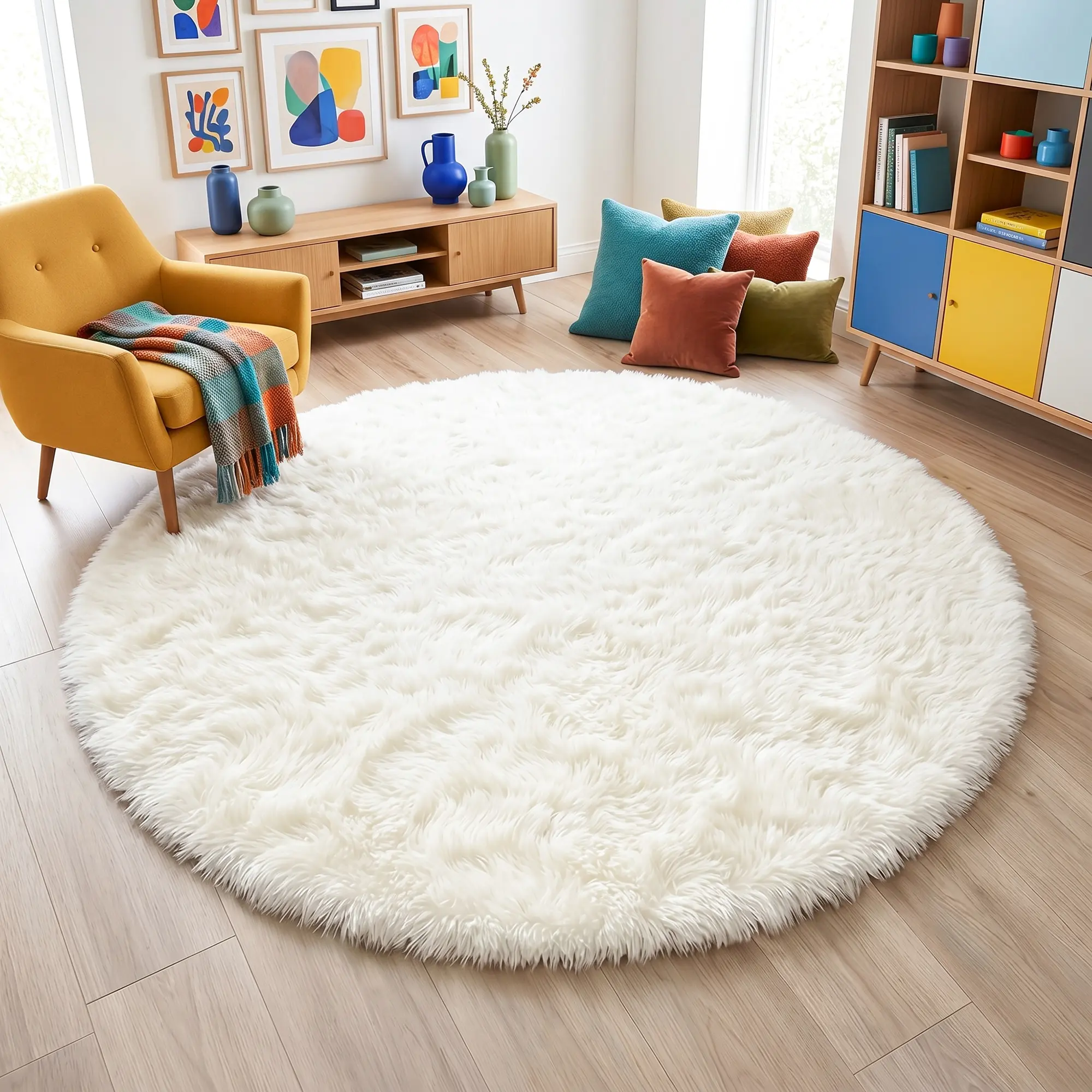 COLLA Ivory Round Fluffy Shag Area Rug - Ultra Soft Plush Polyester Cozy Decorative Home Decor Fluffy Modern Rug, Non-Slip Floor Decor for Living Room, Bedroom, Home Decor Rug