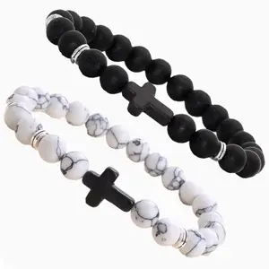 Natural Stone Cross Bracelet 8mm Lava Bead Elastic for Men & Women 7.5inch Classic Trendy Style Handmade Anti-allergy Perfect Gift for Special Events